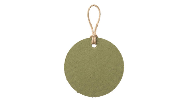 Blank round green cardboard gift tag with a rustic twine loop isolated on a white background