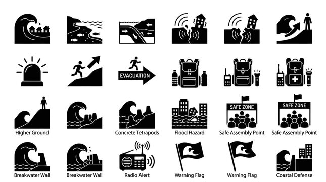 Tsunami alert and coastal defense icons.