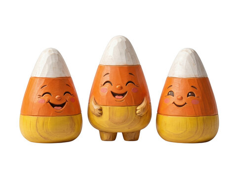 Three cute candy corn characters with happy faces standing together for a fun halloween celebration isolated on transparent background
