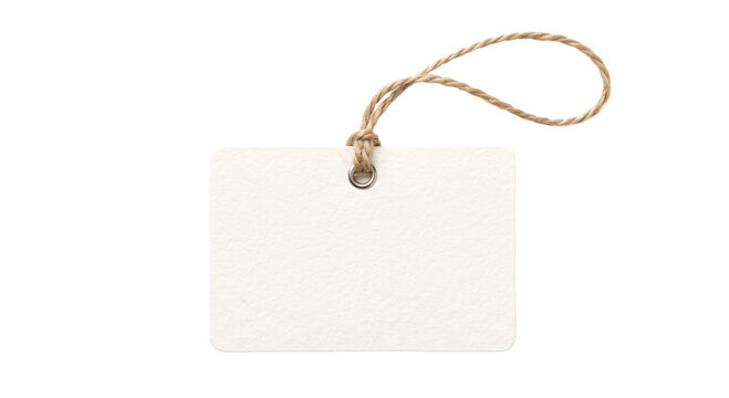 Blank white paper gift tag with a natural jute twine string isolated on a white background