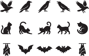 Fototapeta premium Halloween silhouette icon set of crows cats and bats