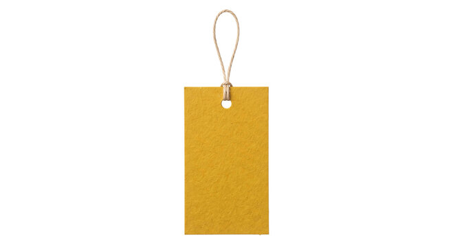Blank yellow rectangular paper tag with a rustic twine loop isolated on a white background