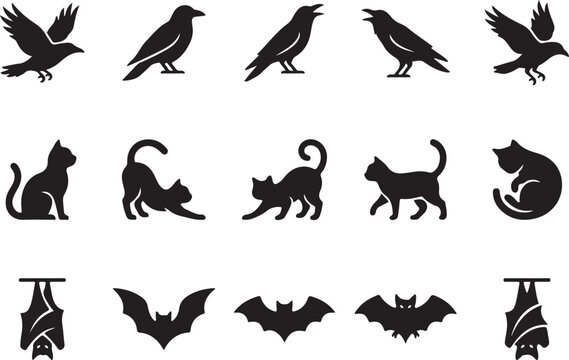 Halloween silhouette icon set of crows cats and bats