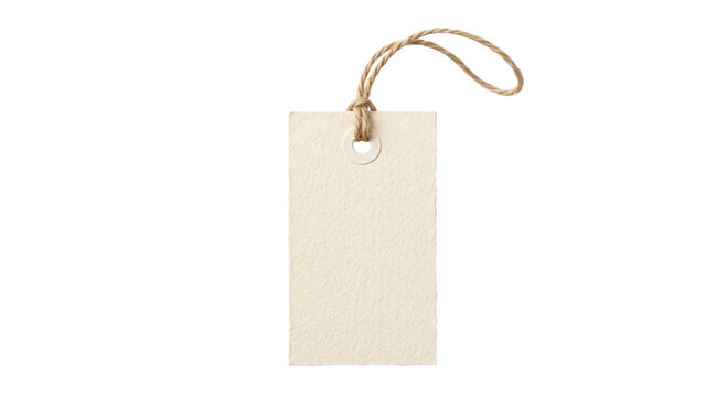 Blank rectangular paper price tag with a rustic twine string isolated on white background
