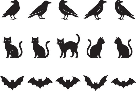 Halloween silhouette set of black cats crows and flying bats