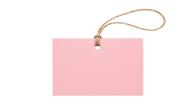 Blank pink rectangular price tag with a rustic jute twine string isolated on white background