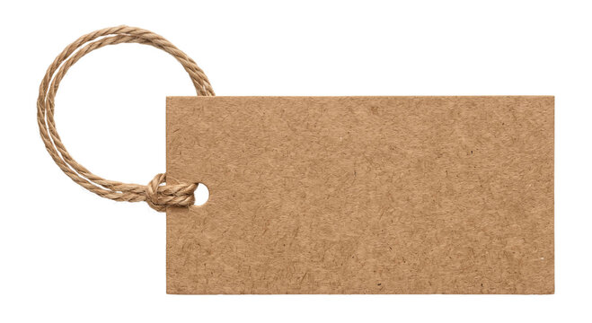Blank rectangular brown paper tag with a rustic jute twine loop isolated on white background
