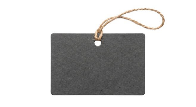 Blank rectangular black paper tag with a rustic jute twine string isolated on white background