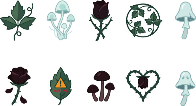 Set of gothic botanical icons featuring dark roses and mushrooms