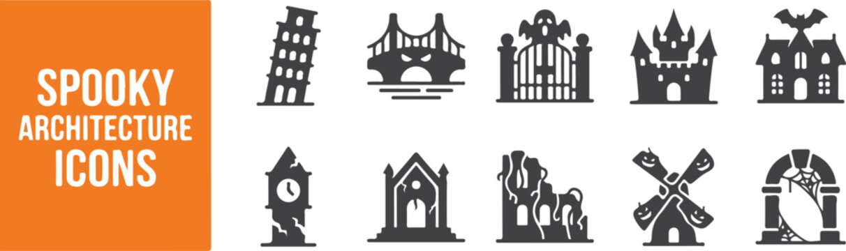 Set of spooky architecture icons featuring haunted buildings and gothic structures for Halloween design