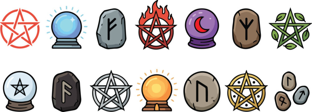 Set of magic occult icons featuring pentagrams runes and crystal balls