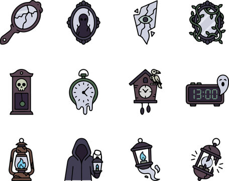 Halloween-themed vector icons featuring classic spooky symbols and objects for seasonal design projects