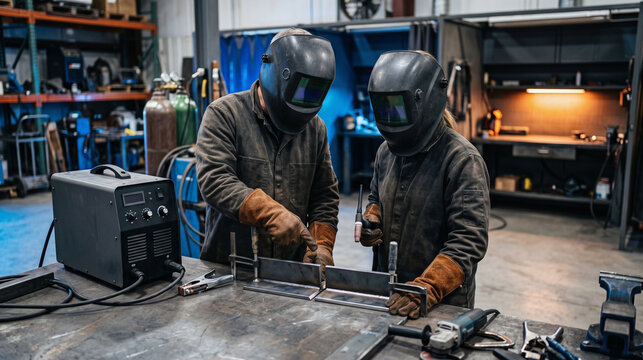 Mentor teaches welding safety and technique to an apprentice