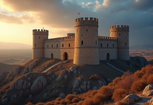 Massive Romanesque Fortress Stronghold Surrounded by Towering Defensive Walls and Majestic Towers