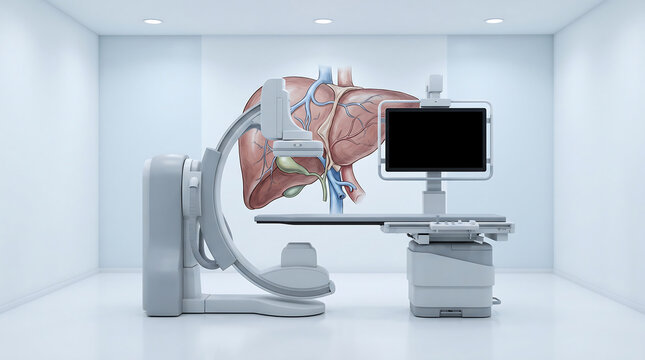 Modern C-arm angiography fluoroscopy interventional radiology system with table and monitor in bright white medical room with large liver gallbladder hepatic anatomy illustration mural on wall backgro