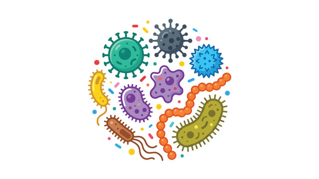 Colorful collection of various virus and bacteria microorganisms in a circular arrangement