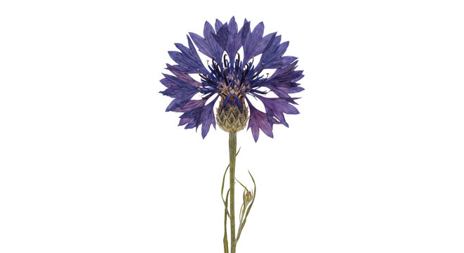 Single pressed cornflower blossom isolated on a clean white background for floral design