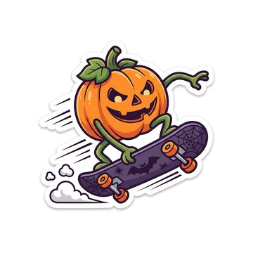Cartoon jack-o-lantern pumpkin character riding a skateboard as a sticker