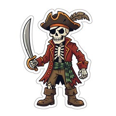 Obraz premium Cartoon skeleton pirate holding a cutlass sword as a die-cut sticker design