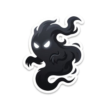 Black shadow monster sticker with glowing white eyes isolated on white background