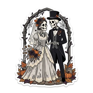 Skeleton bride and groom wedding couple illustration for halloween decoration