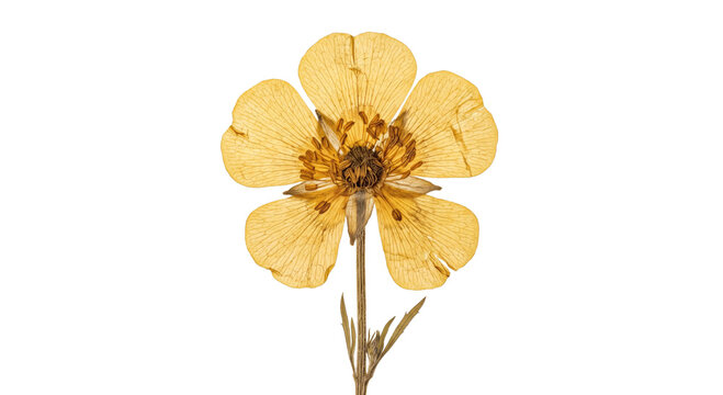 A single pressed yellow flower with delicate petals isolated on a clean white background surface