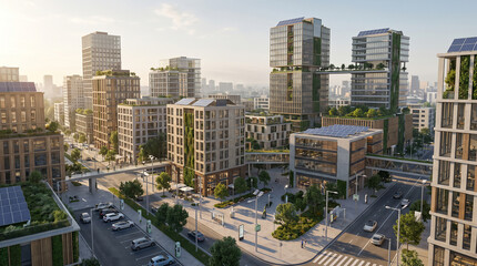Fototapeta premium Aerial view of a modern sustainable city with green skyscrapers and bridges