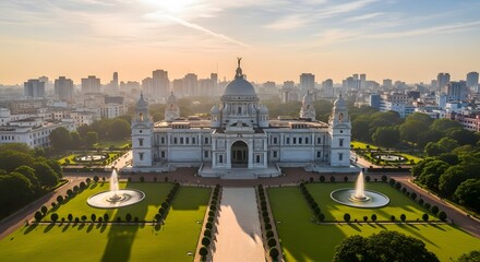 Obraz premium Aerial view of the Victoria Memorial in Kolkata at sunset with city skyline