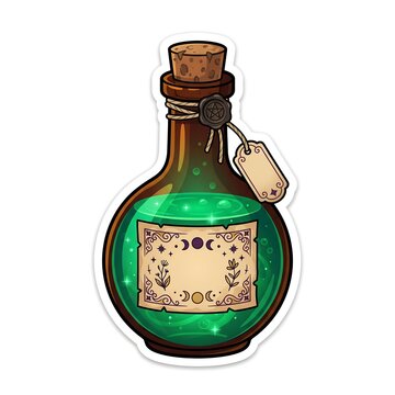 Witch potion bottle illustration with green liquid and vintage label sticker