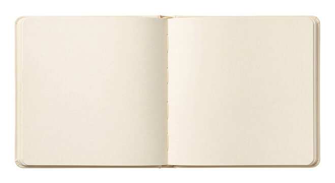 Open blank notebook with cream colored pages isolated on a clean white background for design
