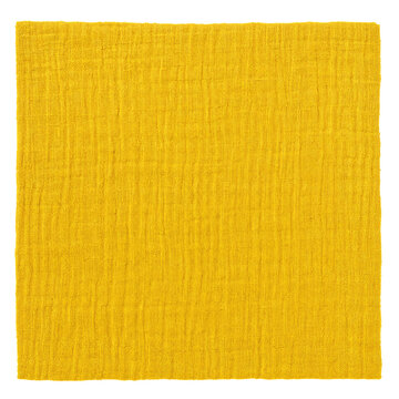 Bright yellow muslin fabric square with a soft wrinkled texture isolated on white background