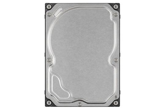 Top view of a modern internal hard disk drive with a metallic casing on a white background