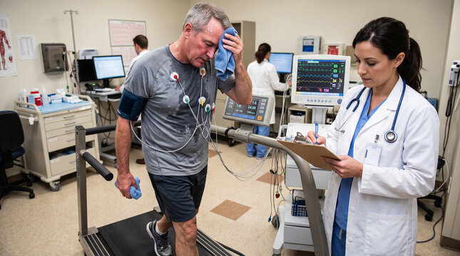 A male patient cools down on a medical treadmill, wiping sweat with a towel, as a female doctor records data during the recovery phase of a cardiac stress test.