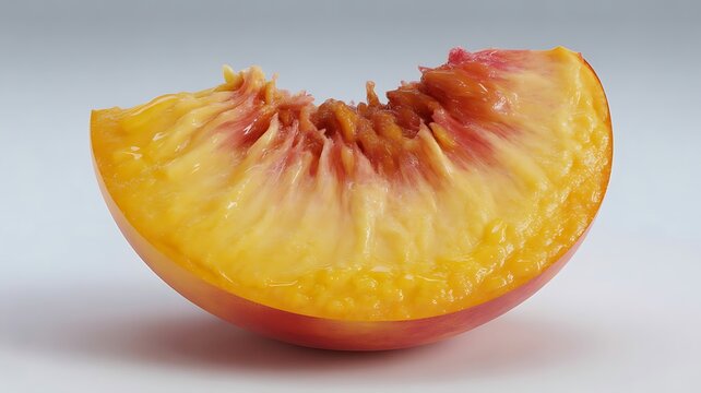 Juicy Fresh Peach Slice with Golden Flesh Isolated on White Background