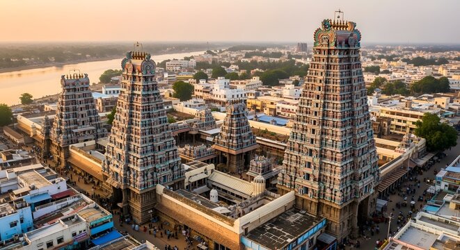 Aerial view of Meenakshi Amman Temple towers in Madurai city at sunset