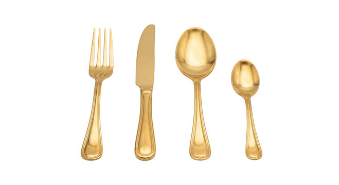 Elegant set of polished gold cutlery including a fork, table knife, and two different sized spoons