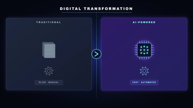 Modern animated digital transformation comparison showing traditional manual process versus AI-powered automation. Perfect for corporate presentations, business transformation explainers, tech content