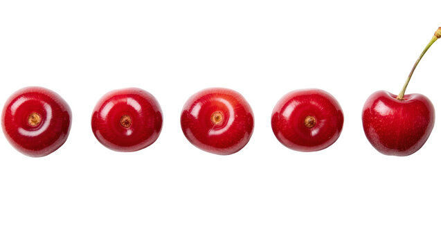 Five ripe red cherries with a single stem, isolated on transparent background