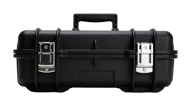 Black rugged hard case with metal latches and handle, isolated on transparent background