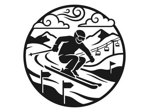 Alpine skier racing downhill stylized circular landscape