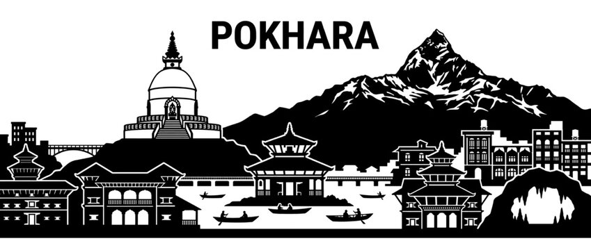 Pokhara Nepal Skyline Vector Silhouette featuring World Peace Pagoda, Machhapuchhre Fishtail Mountain, Phewa Lake, and Cultural Landmarks
