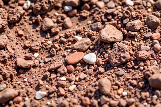 Brown gravel and soil texture with small stones and pebbles, natural earthy background top view [copy space]