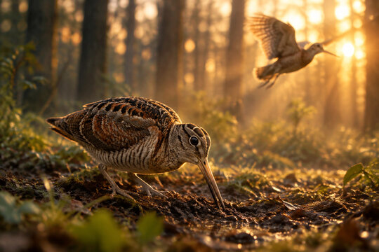 Woodcock in forest clearing during golden hour, long beak probing soil with soft focus background.