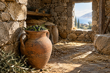 Obraz premium Ancient Greek granary ruin with terracotta amphora filled with olives in morning light.