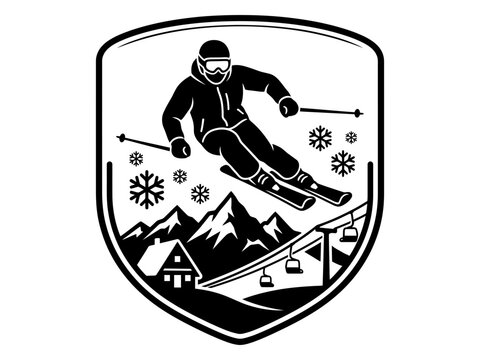 Snowboarder on ski slope with lift and cabin round emblem