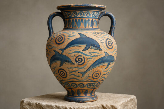 Minoan terracotta amphora with painted dolphins on stone pedestal.