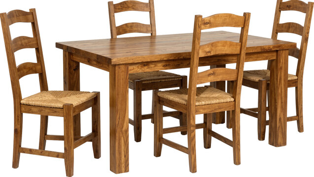 Rustic wooden dining table with ladder-back chairs, isolated on transparent background
