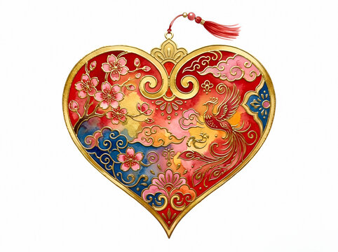 Heart-shaped ornament with red and gold decorative enamel design
