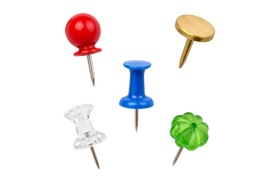 A collection of five colorful push pins isolated on a clean white background for office supplies