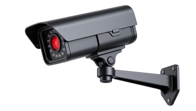 Black surveillance camera with red lens and IR LEDs mounted on an adjustable bracket, isolated on transparent background